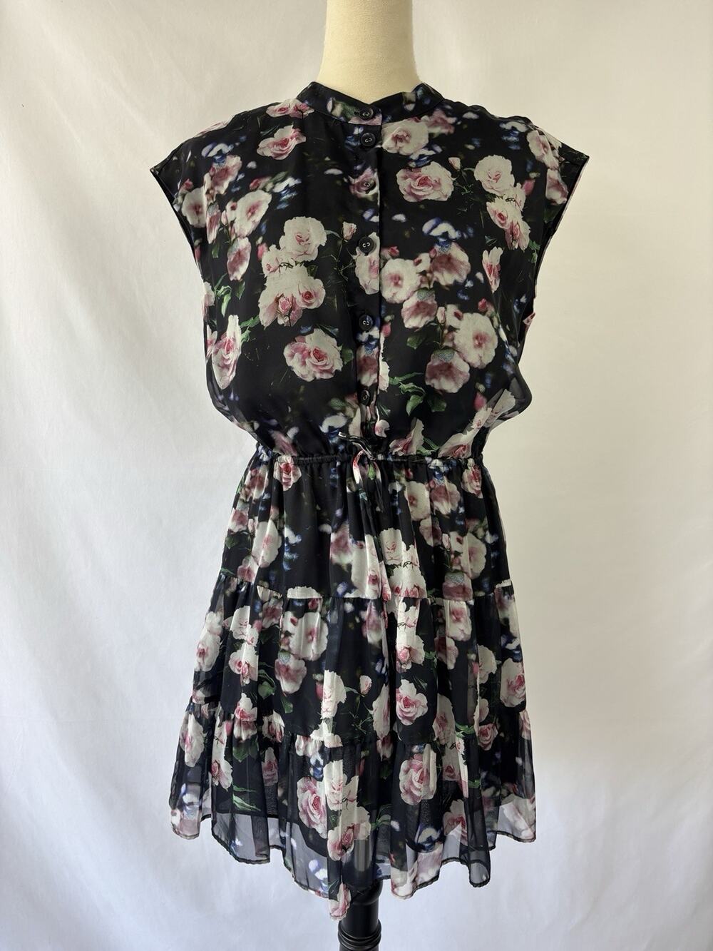 Rebecca Minkoff Shirt Dress Black Floral Medium Mini Sleeveless Drawstring Waist